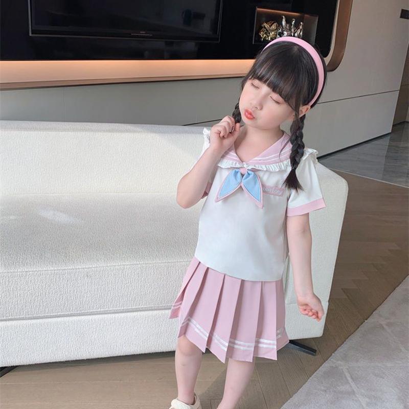 Summer Children Girls Student Set JK Mandarin Collar Tshirts and Pleated Skirts Kid Bottom