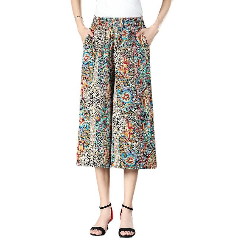 Middle Aged and Elderly Women's New Summer Half Skirt Cropped Pants Mom Elastic High Waist Wide Leg Pants Skirt Pants