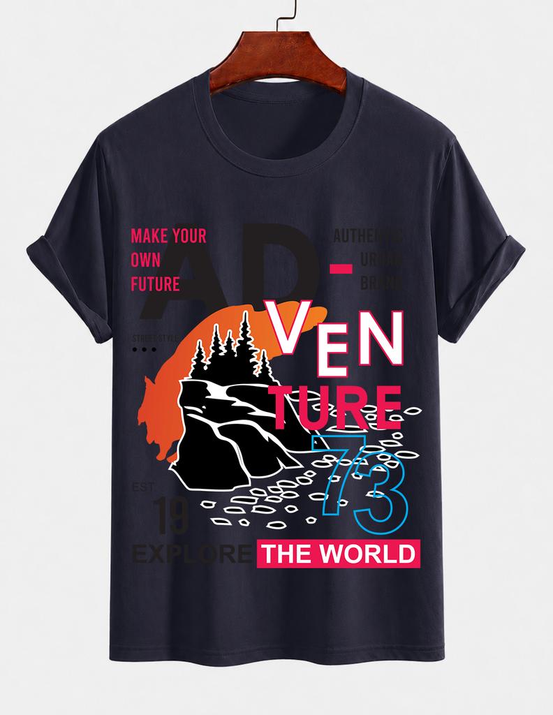Unisexs Pure Cotton Solid Color Tshirt With Adventure World Exploration Print Crew Neck Short Sleeve Outdoor Street Casual Top