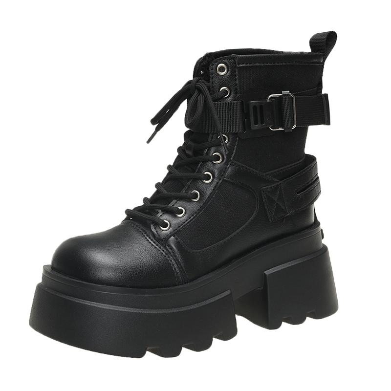 Móda Dámská Vysoká platforma Motocykly Boty Podzim Jaro 7,5CM Podpatky Kotníkové boty Dámské robustní tenisky Zimní Kožené Boty Žena