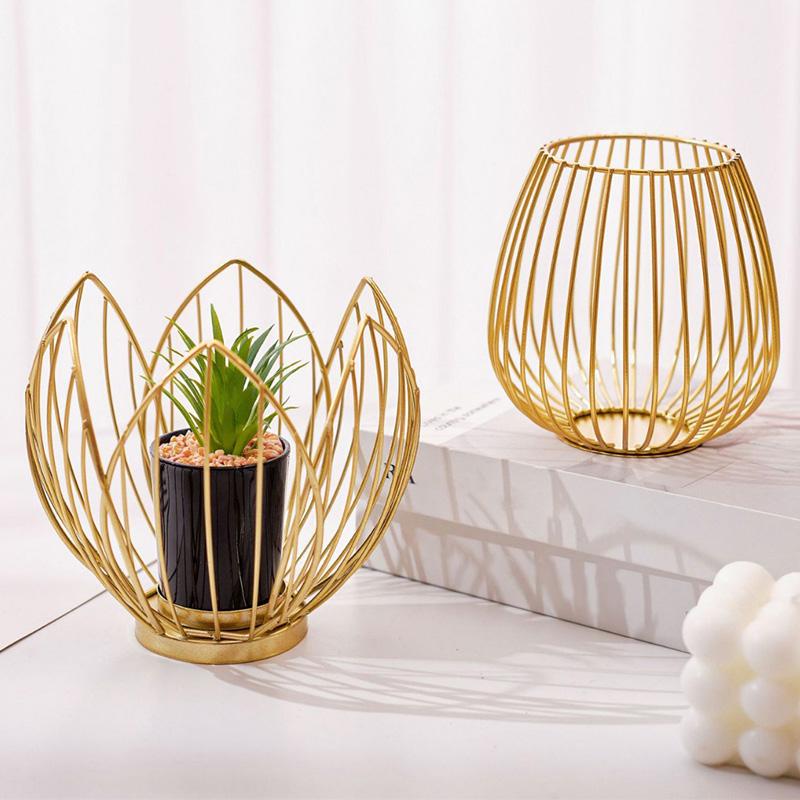1PC Plants Holder Gold Desktop Ornament Metal Iron Home Decoration Vase Geometric Bonsai Nordic