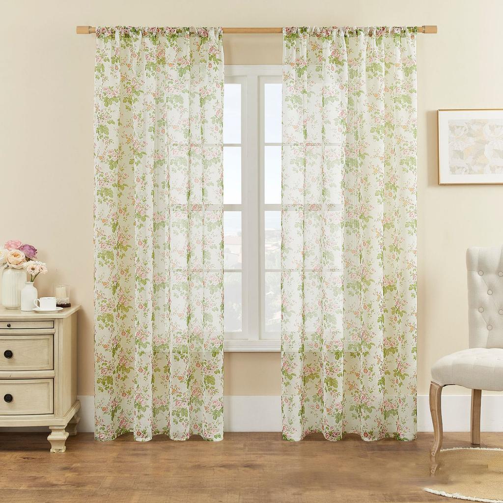 Blommiga Genomskinliga Gardiner - Ljusfiltrerande Voilé-scarf för Balkong, Burspråk, Vardagsrum, Rumsavdelare & Insynsskydd