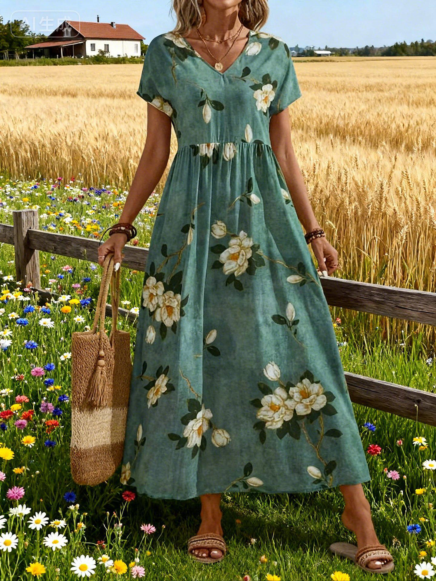 

Batwing Sleeve Mid-Length Pastoral Style Island Resort Dress Medium