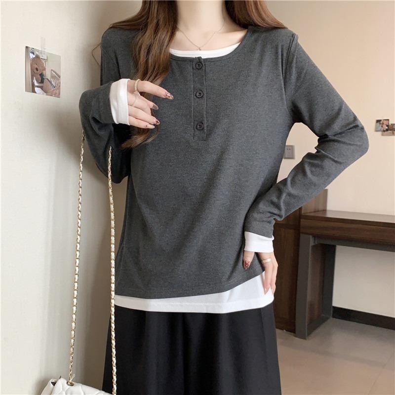 Contrasting Color Fake Two-piece Long-sleeved T-shirt Women's Loose and Thin Design Sense Niche Inner and Outer Top