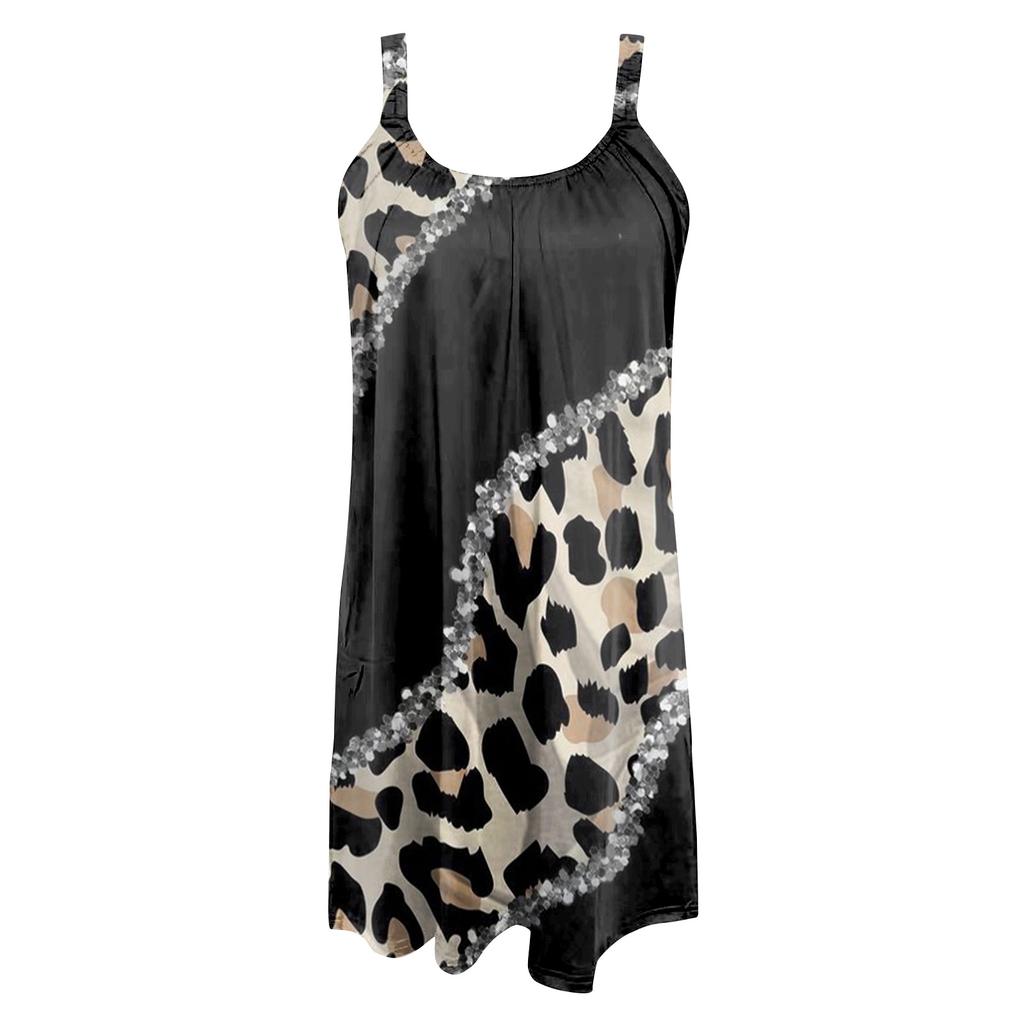 Women's Summer Leopard Spaghetti Strap  Dress Boho Casual Beach Dress Long Sleeve Party Ruffle A-Line  Dress