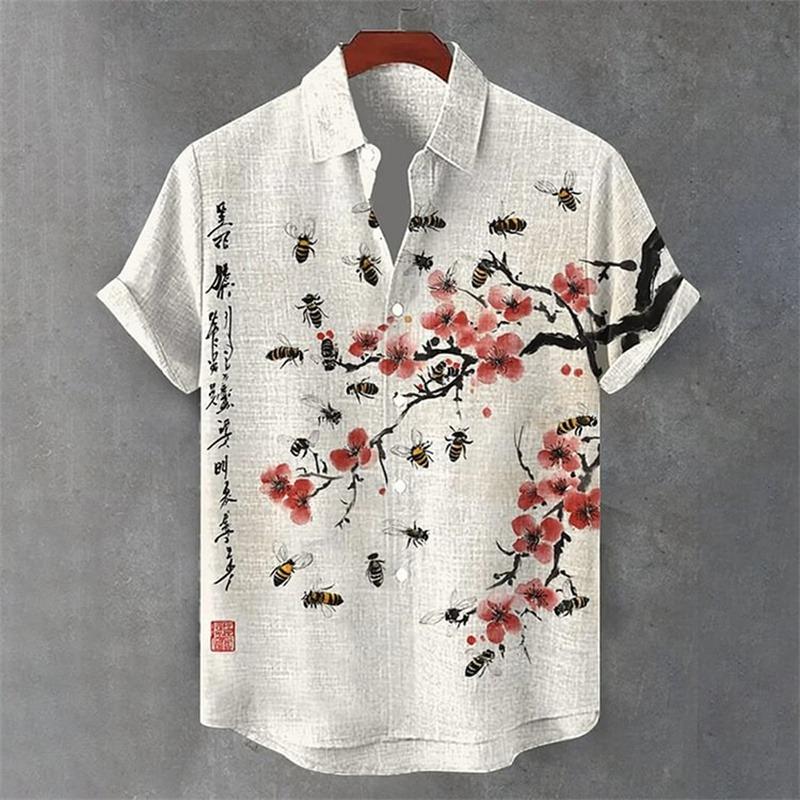 Men's Linen Short Sleeve Shirt Floral Printed Bird Butterfly Chinese Style Men's Fashion Clothing Flap Collar Shirt