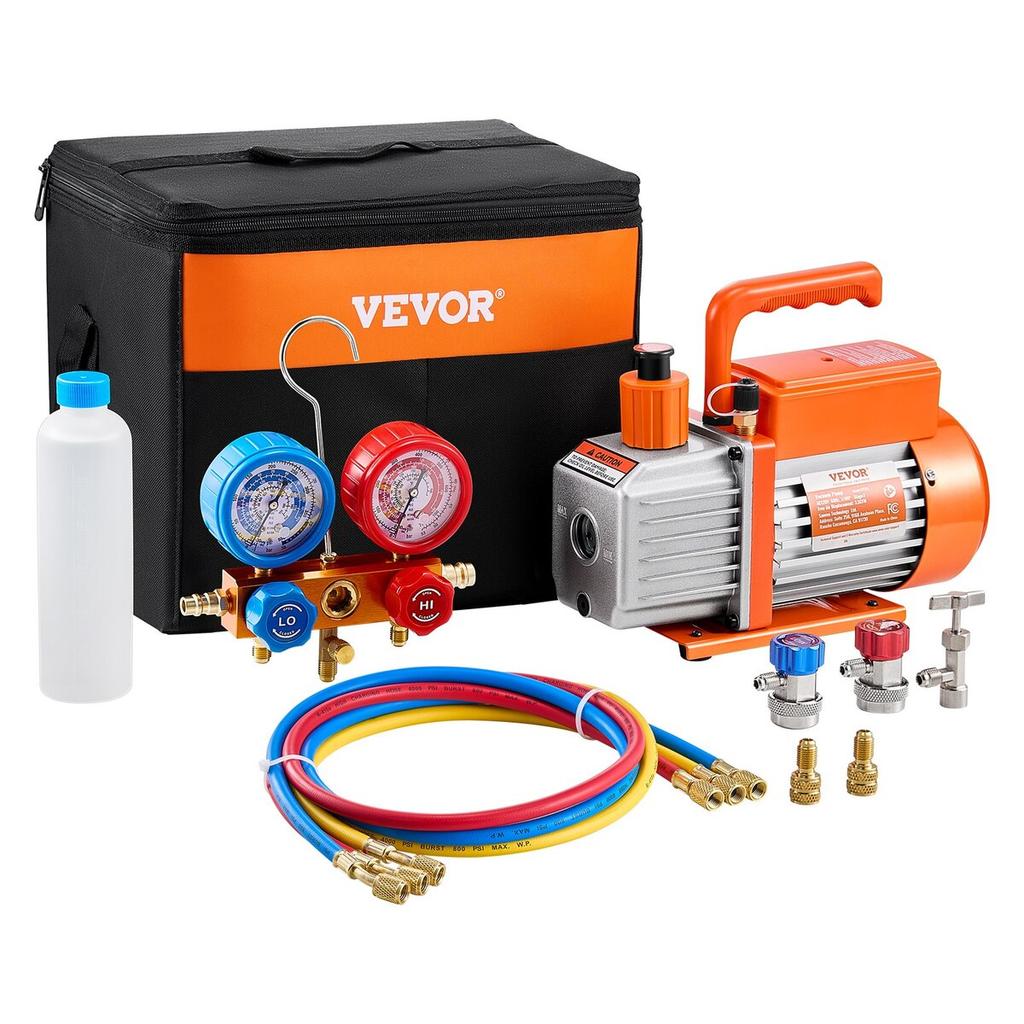 3.5 CFM HVAC Single Stage Rotary Vane Vacuum Pump and Manifold Gauge Kit Compatible with R134a, R22, R12, R502, R502, R410A, R404, and R407C