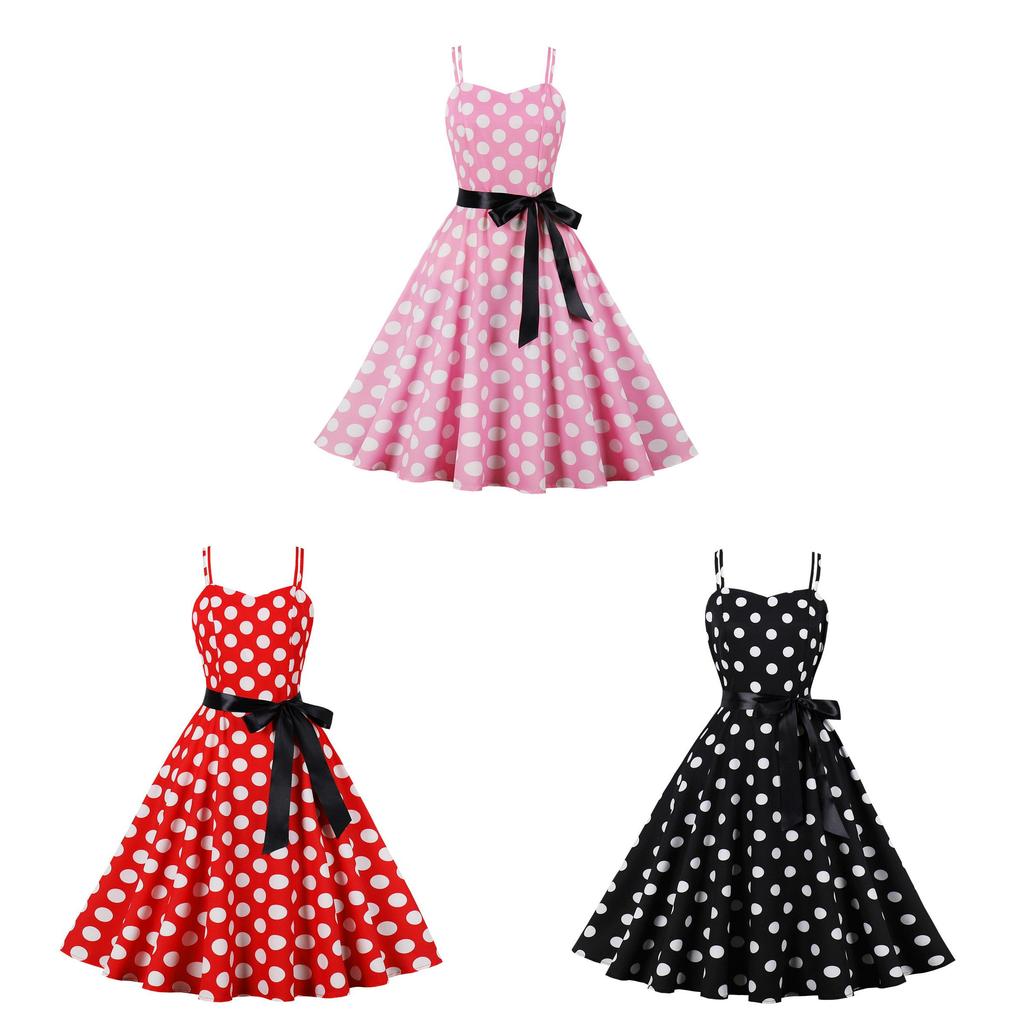 Vintage Polka Dot A Line Dress With 3d Pattern V Neck Sleeveless For Casual Wear