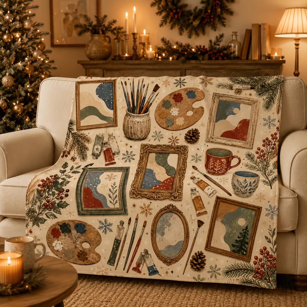 Christmas Artist's Studio Flannel Blanket, Warm Cream Palette with Paintbrushes, Paint Tubes, Picture Frame, Pine Branches, Snowflakes, Bohemian Winte