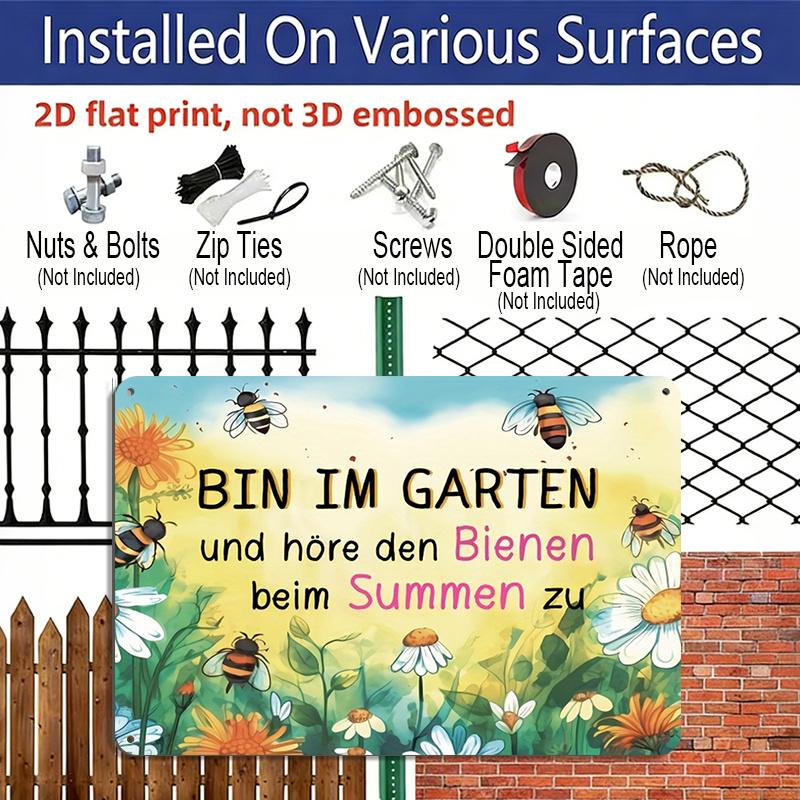 2D Flat, 1pc "Listening To Bees Buzzing in The Garden" Aluminium Sign 8x12 Inch - German Garden Quote, Watercolor Bee & Floral Design, Whimsical