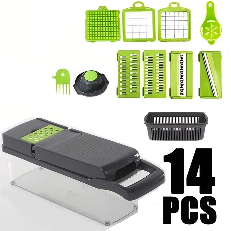 

14 or 16pcs Vegetable Slicer Set Food Grade Multifunction Potato Onion Chopper Shredder Grater with Basket for Kitchen Cooking