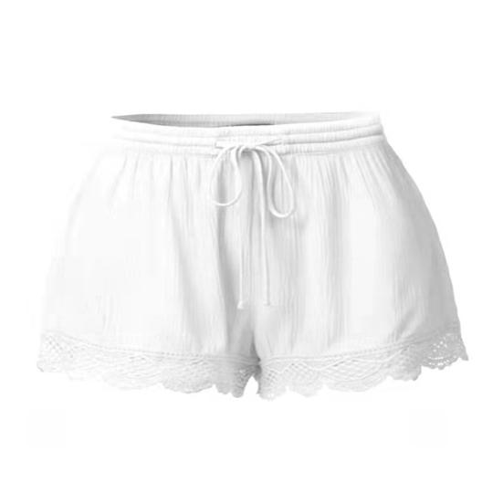 Women Shorts A-line Lace Edge Pure Color Plus Size Drawstring Elastic High Waist Pleated Loose