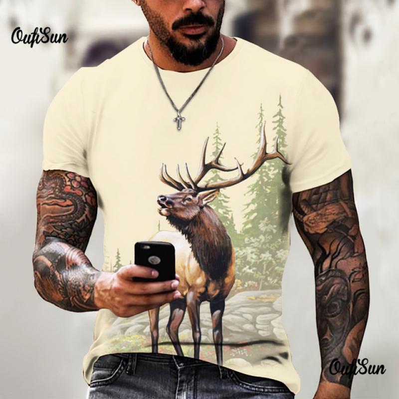 Vintage Elk 3d Printing Summer Short-Sleeved T -Shirt Men Casual Round Neck Pullover Oversized Men's T-Shirt Clothing