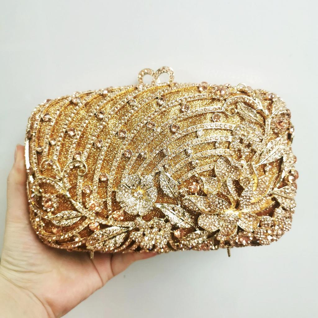 WHTUOHENG Luxury Crystal Evening Clutch Purses Women's Diamond Metallic Wedding Purse Champagne Silver Party Bag Flower Handbags