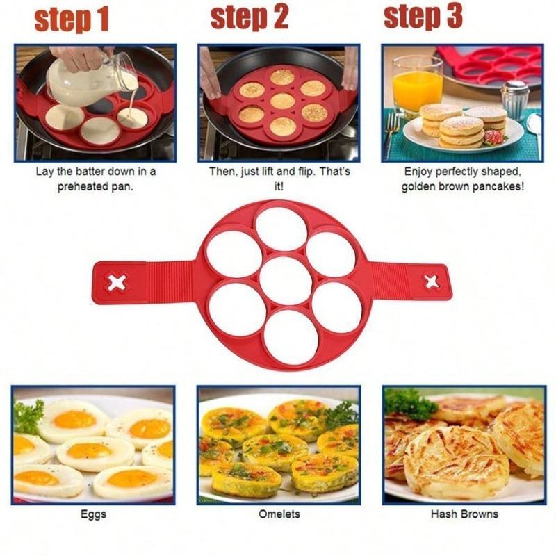 7-Cavity Silicone Pancake & Egg Ring Mold - Non-Stick Round Baking Tool  for  Breakfast  Sandwiches  and  Omelets  (Red)