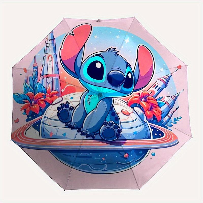 Stitch,Space Adventure Automatic Opening and Closing Umbrella 8 Ribs Windproof Portable Folding Umbrella with Plastic Handle, Suitable for
