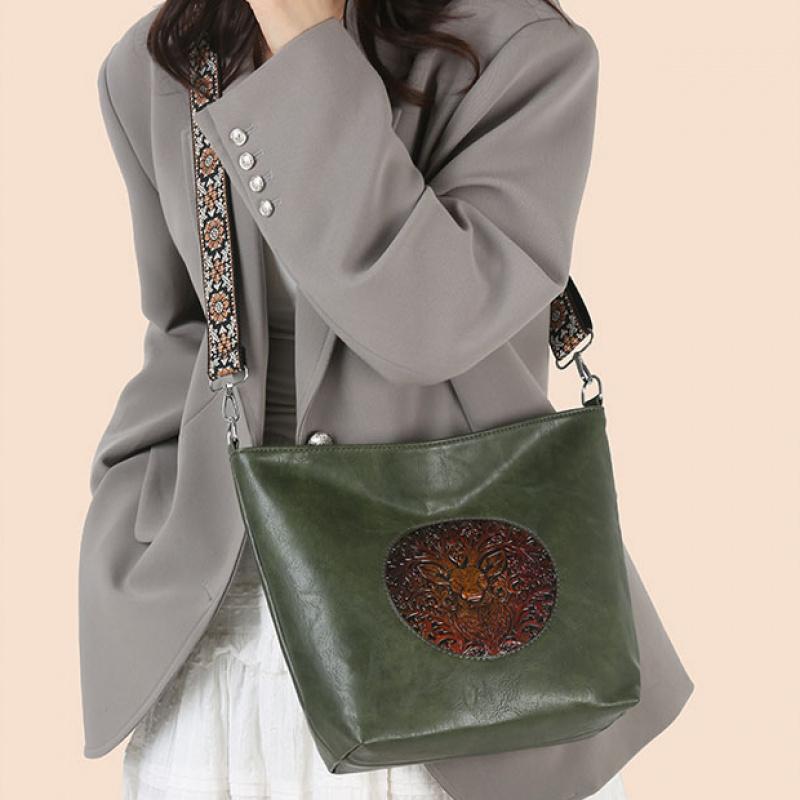 Borsa a Spalla in Pelle Ricamata con Cervo Vintage per Donna - Borsa a Tracolla Tote Bohemienne con Tracolla Etnica, Borsa a Mano Moda Retro