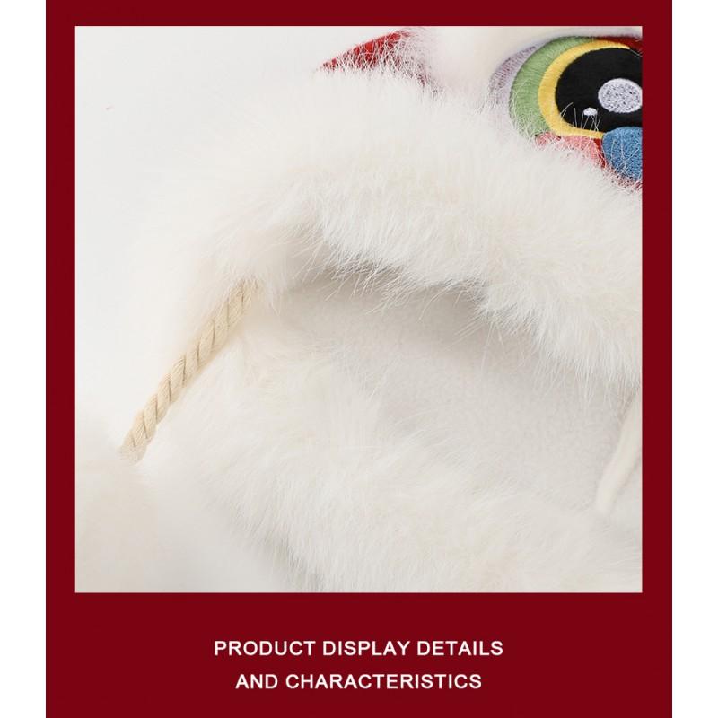Plush Lion Dance Hat With Embroidered Red Motif Adjustable Warm Ear Cover Winter