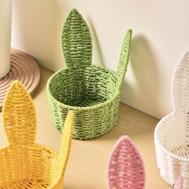 Handwoven Paper Rope Rabbit Ears Storage Basket With Iron Frame For Easter Decoration And Gift Packaging