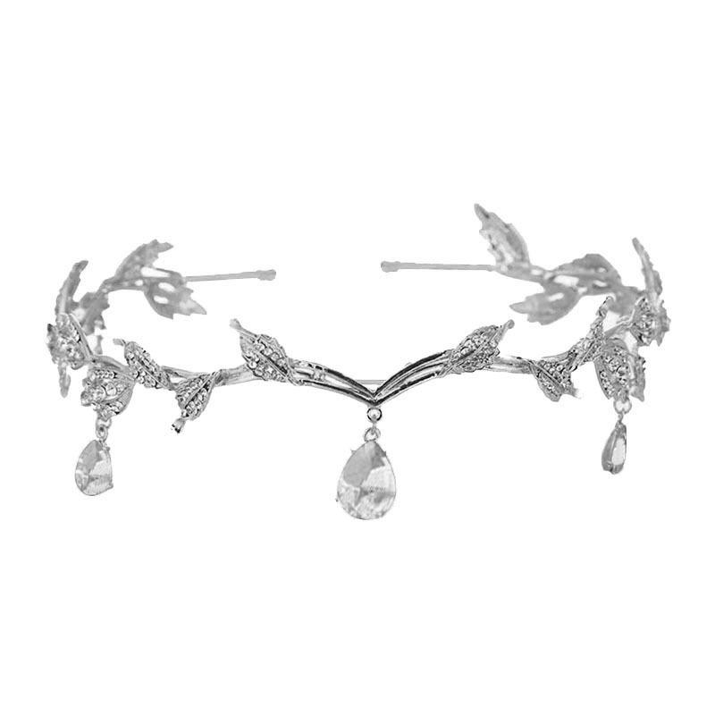 Korean-Style Baroque Rhinestone Leaf Crown Tiara with Water Drop Pendant