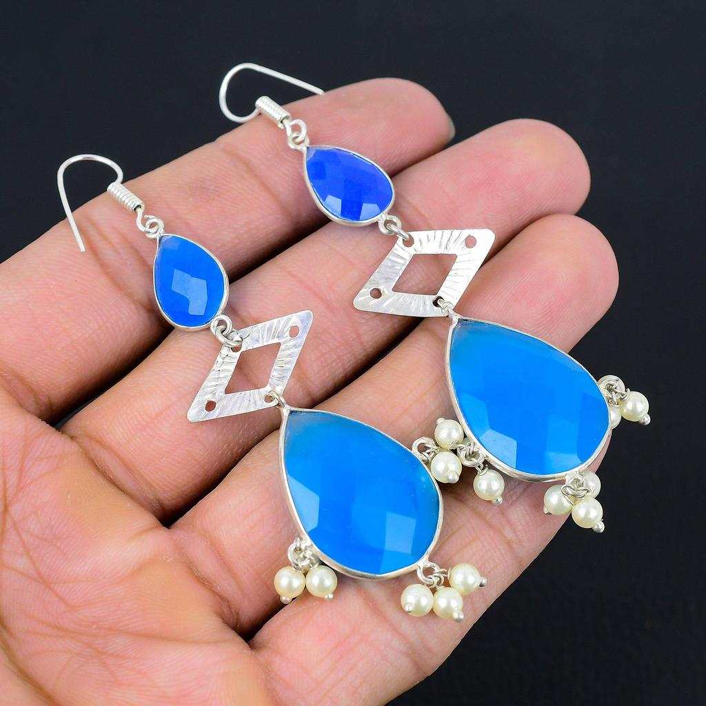 Sisters Day Sale 925 Silver Pear Natural Blue Sapphire Boho Drop Dangle Earrings