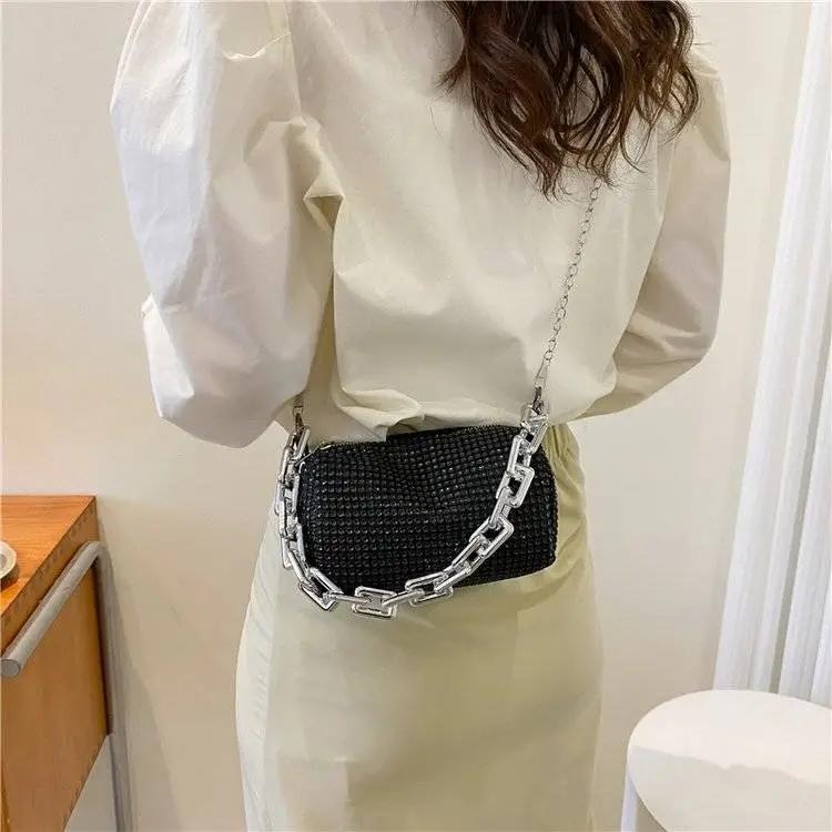 WTEMPO Simple Elegant Casual Rhinestone Silver Black Underarm Bag Women Versatile Party Club Single Shoulder Crossbody Bags Handbags