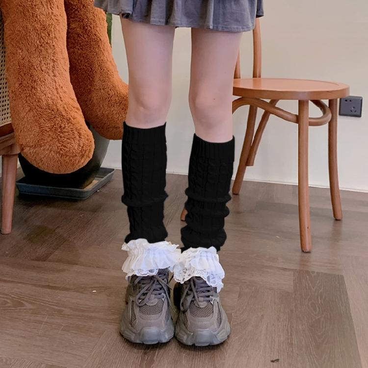 Japanese Women Cable Knitted Leg Warmer Cute Bow Tiered Ruffled Lace Calf Socks