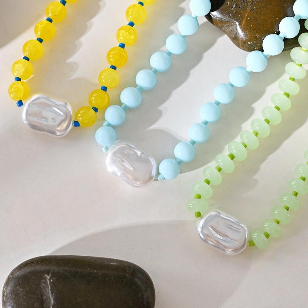Dopamin Macaron Türkis & Gelb Runde Perlenkette, 18 Karat Vergoldeter Edelstahl