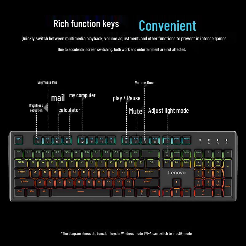 Lenovo GK20L Teclado Mecânico para Jogos RGB com 104 Teclas e Switch Vermelho com Fio