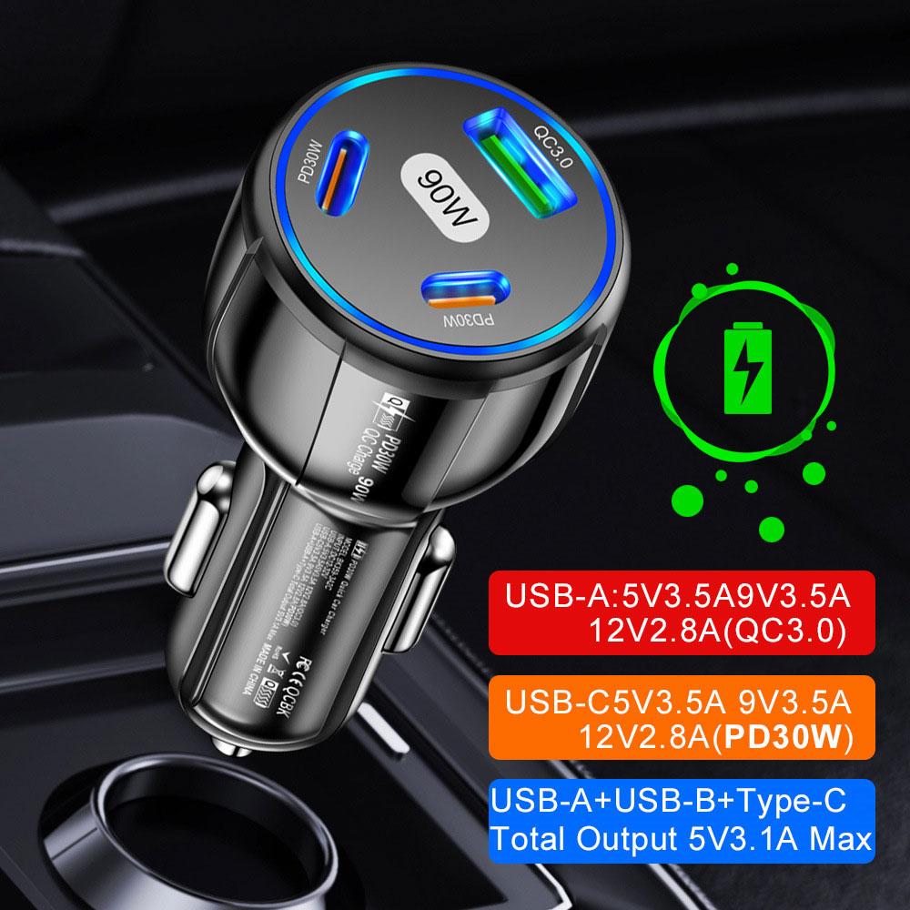 1Pc 90W LED Car Charger 3 Ports Fast Charge PD USB C Car Phone Charger Type C Adapter In Car Universal Auto Interior Accessories