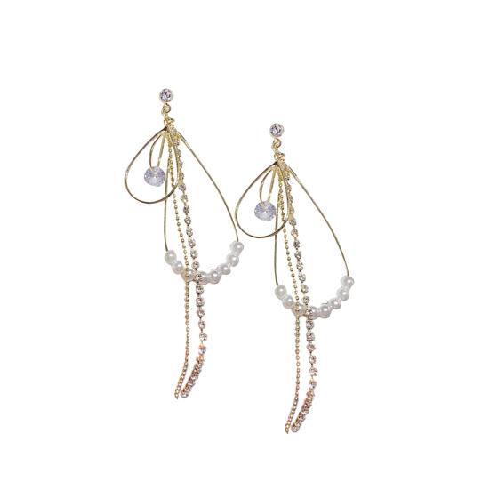 1 Pair Lady Dangle Earrings Imitation Pearl Rhinestone Durable Flower Tassel Luxury Drop Earrings