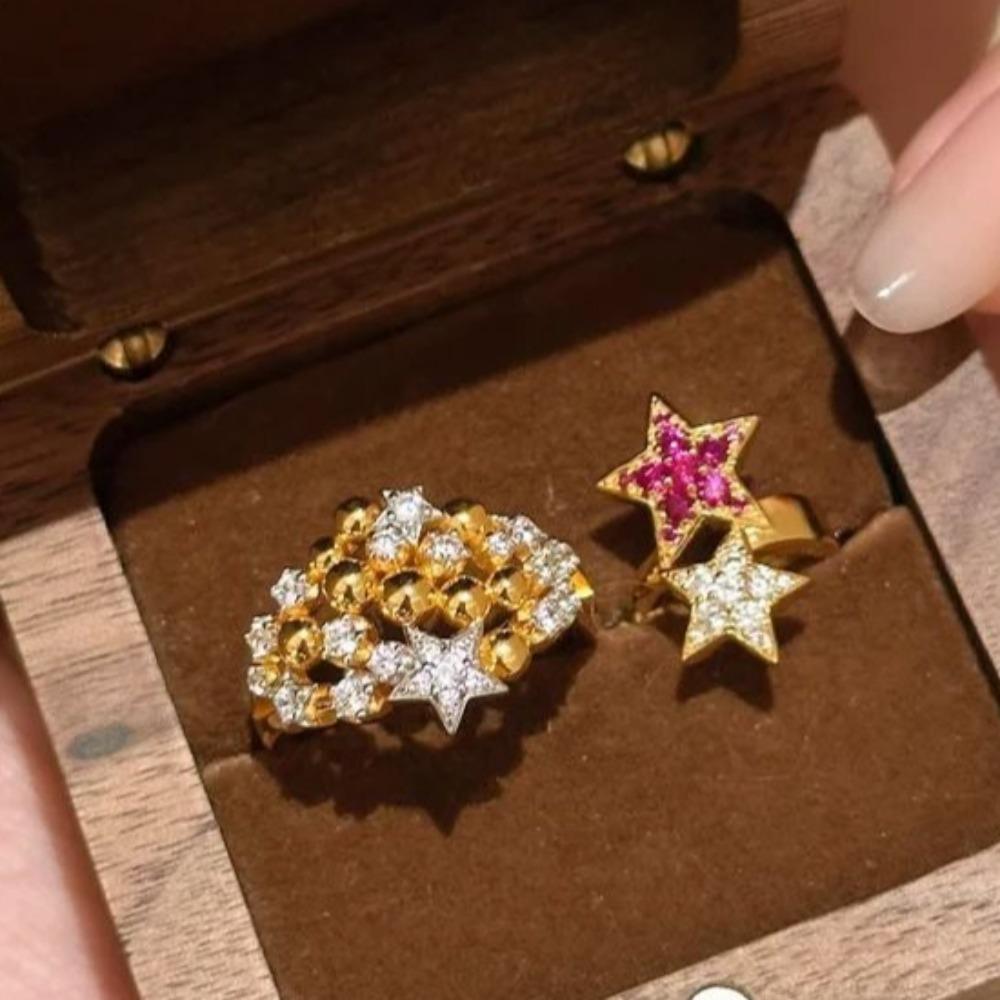 Vintage Women Jewelry Set Red Ruby Star Ring French Retro Diamond Ear Cuff No Piercing