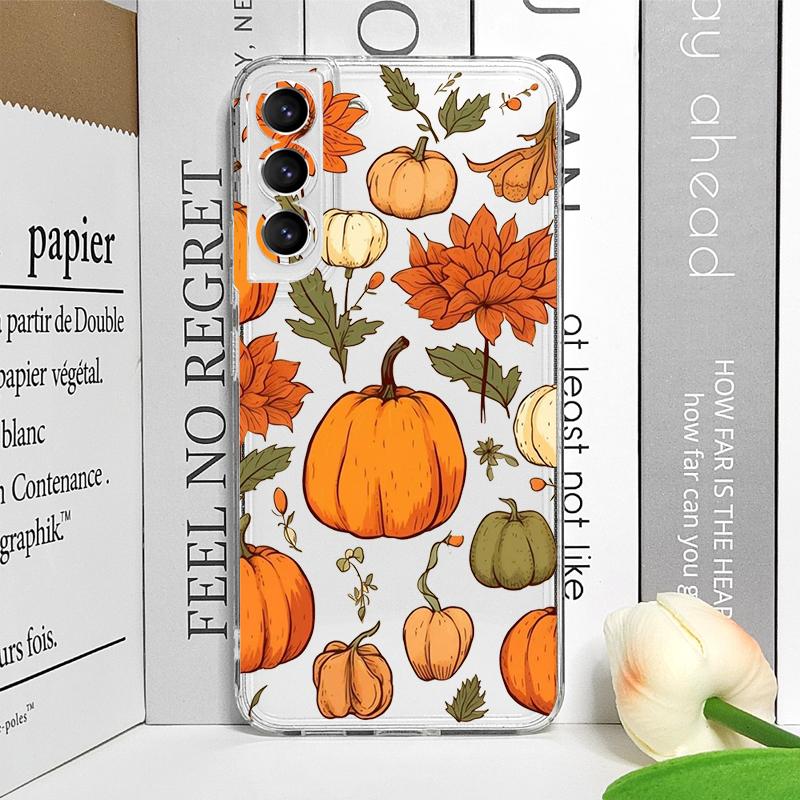 Autumn Maple Leaf Pumpkin Print Clear Phone Case for Samsung Galaxy S25 Ultra S24 S23 S22 S21 Plus S20 FE 5G Soft Silicone Cover