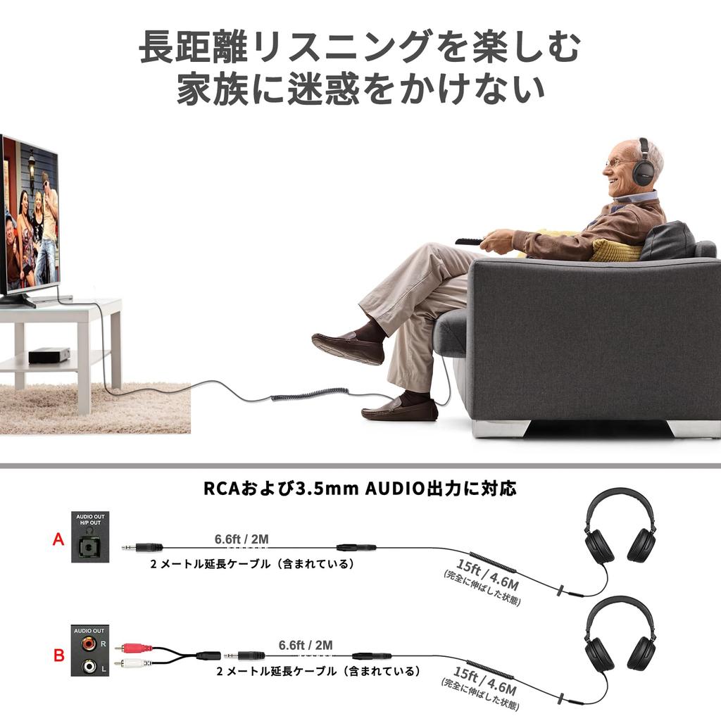 SIMOLIO TV Headphones Long Cable with Clip and Remote Control with Microphone Add RCA Converter Cable Wired Headset for 6.6m PC/Laptop/Tablet SM-906TV