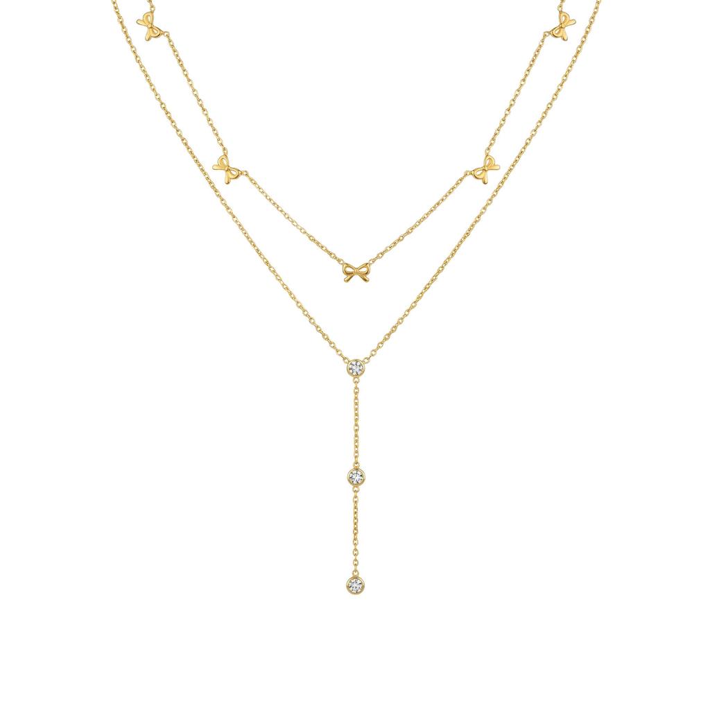 Fashion Women'S Necklace, Stainless Steel Bow Round Snake Chain Double Layer Stacked Necklace Nc-2524