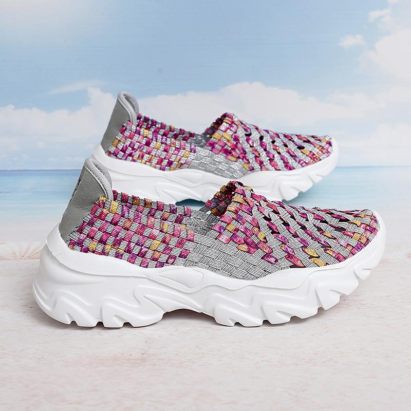 Summer Moccasin Pink Beach Walking Shoes Women Multicolor Casual Weave Slip on Braided Elevator Sneakers Plus Size