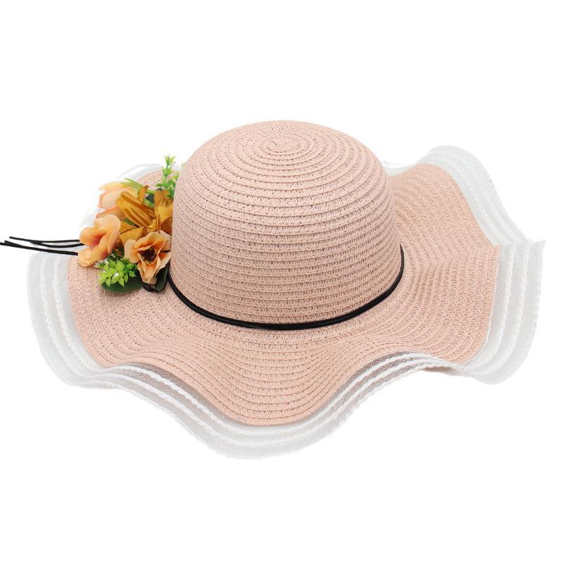 Mesh Woven Straw Hat Ladies Flower Sunscreen Sun Hat Wave Edge Sun Hat Beach Hat