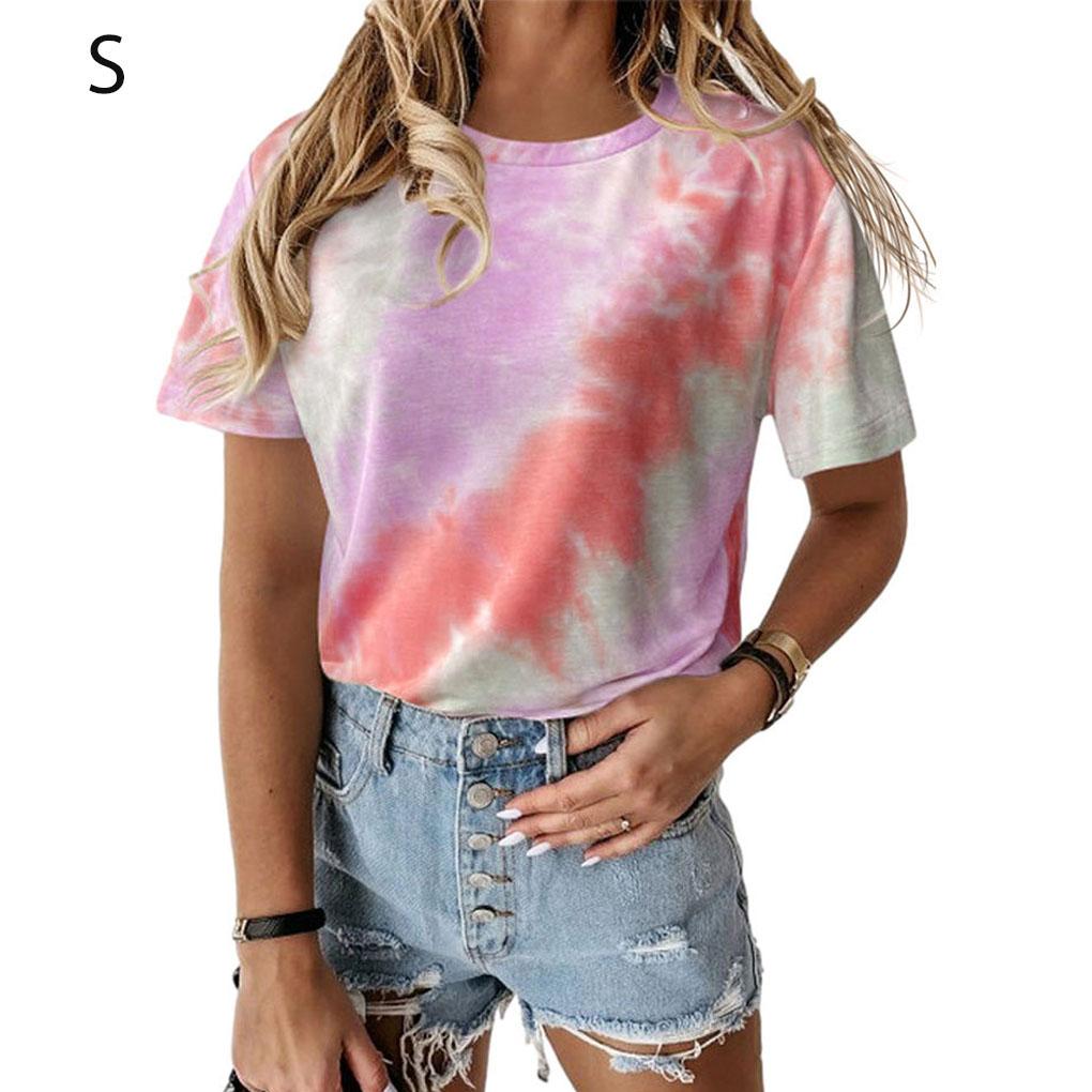 Women Tie-dye Printed Round Neck Short Sleeve Shirt