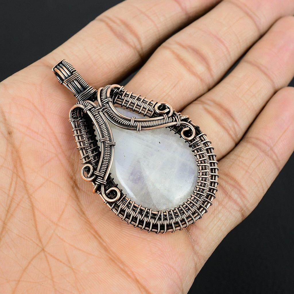Moonstone 999 Copper Wire Wrapped Silver Pendant, Handmade Gemstone Pendant, Gift For Mom Antique Jewelry