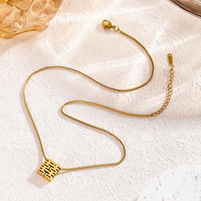 18K Gold-Plated Chinese "Double Happiness" & "Fortune" Pendant Necklace for Women, Titanium Steel, Colorfast