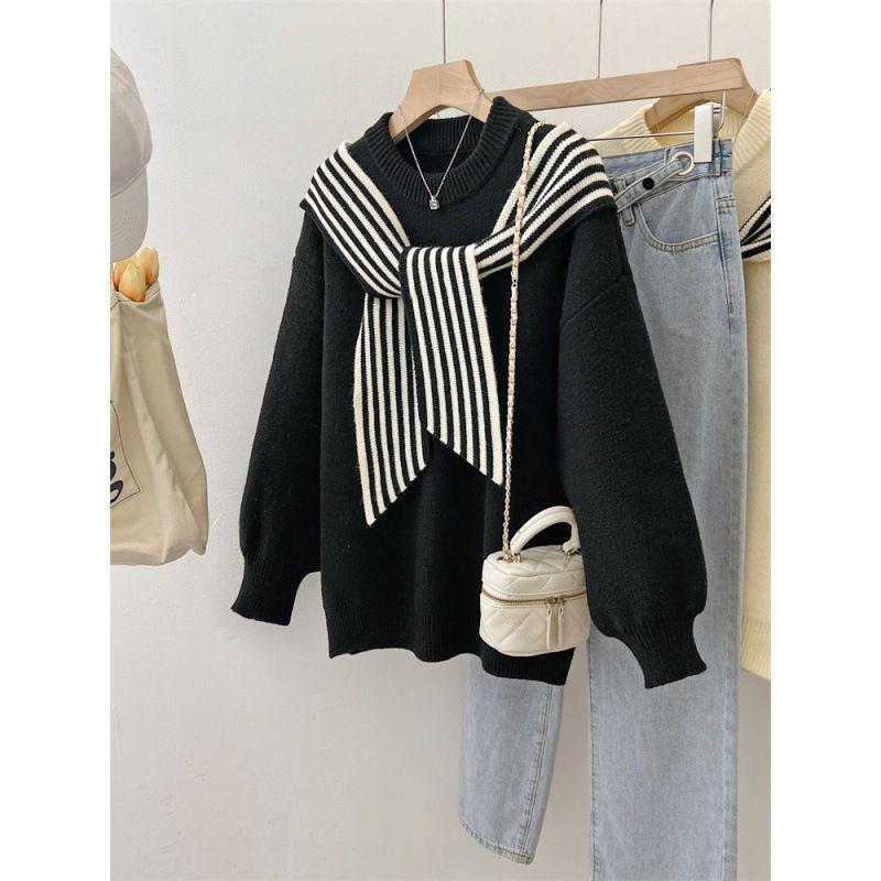 Stylish Women's Purple Striped Shawl Sweater - Plus Size Knitted Fake Two-Piece, Winter 2025