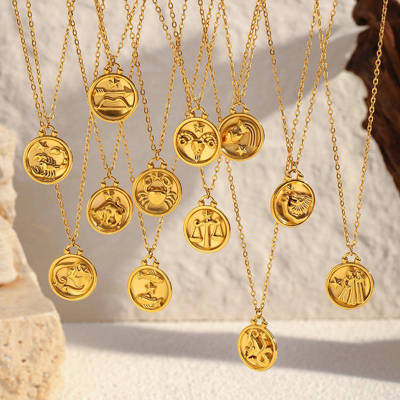 Electroplated Zodiac Pendant Necklace Titanium Steel Light Luxury Choker Fashion Jewelry for Women