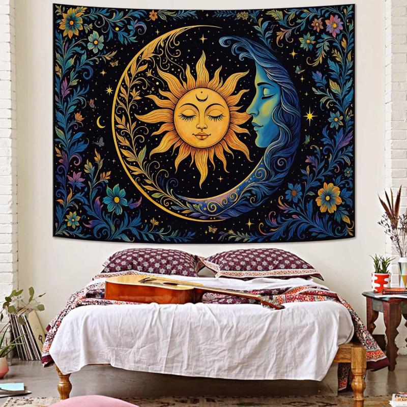 VIKAMA Tapiz Sol Luna Dormitorio Hippie Bohemio Flor Tapiz de Pared Flor Retro Plantas Espíritu Celestial Gran Tapiz