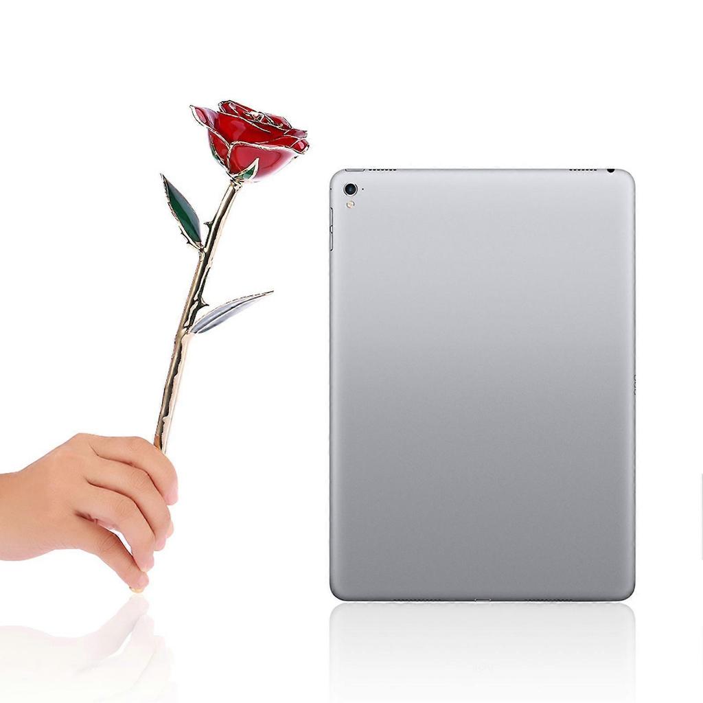 24 Karat vergoldete Rose mit langem Stiel in einer Geschenkbox mit durchsichtigem Deckel. Rote Rosen für sie.