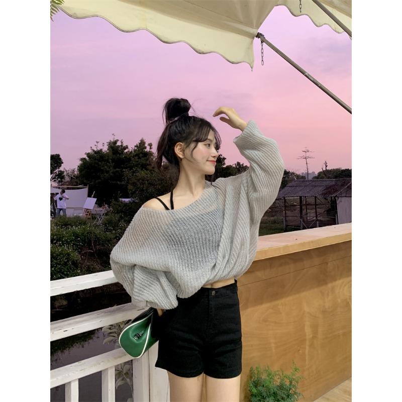 

Весна-лето Прозрачный трикотажный прикрывающий свитер Топы Новый круглый вырез Простая ажурная тонкая рубашка с кондиционером Свободная повседневная одежда с длинным рукавом 2245 One Size серый