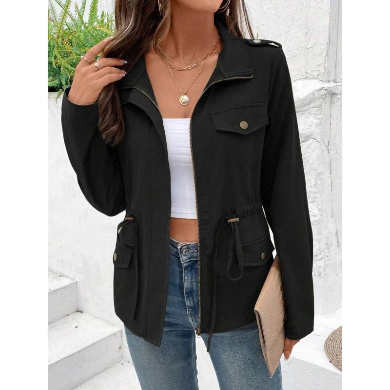 New in autumn and winter, solid color long-sleeved casual drawstring waist, coat. S чёрный