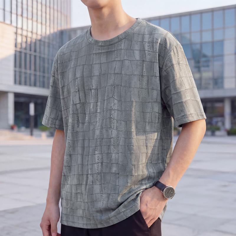 Men's Plus Size Grid Text Print T-Shirt – Textured Short Sleeve Casual Tee (Sizes 5XL-11XL) for Summer Streetwear