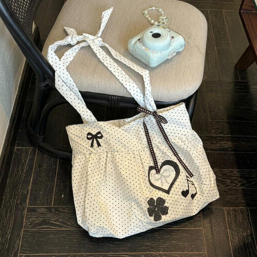 Tote Bag Large Capacity With Polka Dot Heart Print For Commuting And Everyday Use