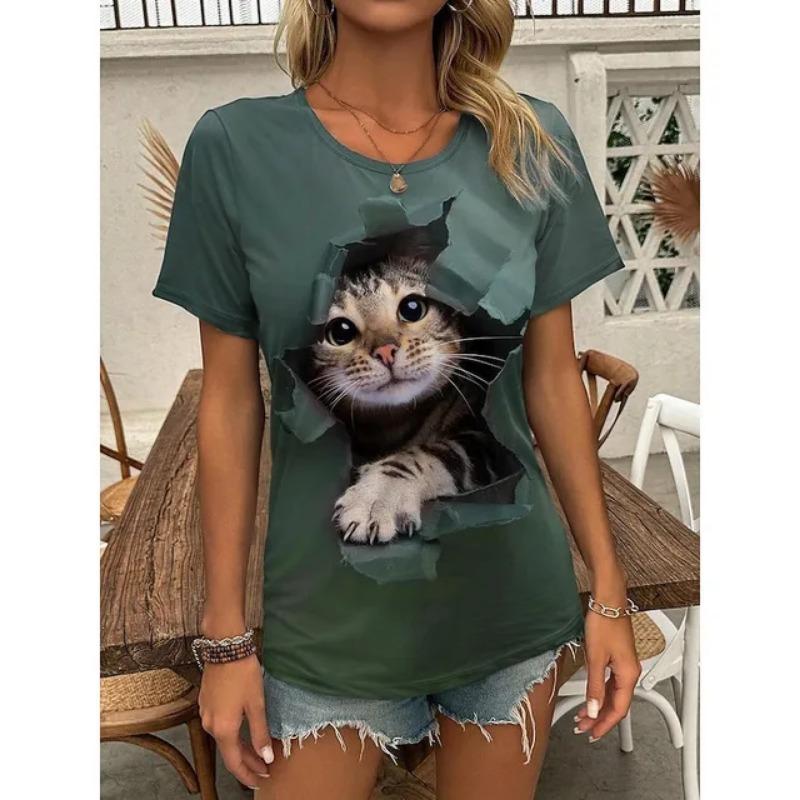 Cat  Printed Summer 3d T-shirt Women's Outdoor Clothing Casual Fashion Short Sleeved T-shirt Round Neck T-shirt Top