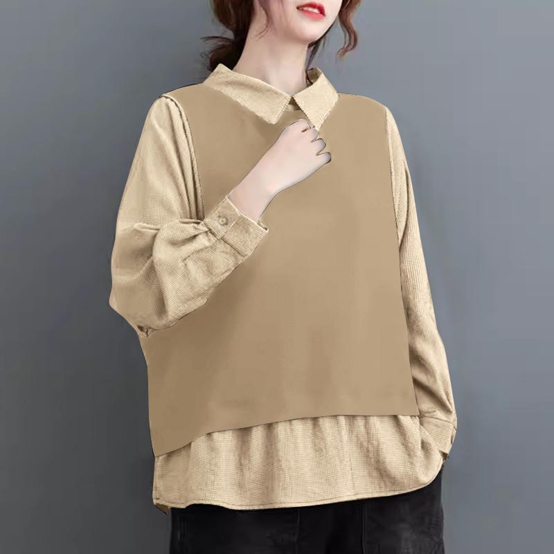 

ZANZEA Женская осенняя рубашка с воротником и длинным рукавом, имитация двухсекционных клетчатых рубашек S хаки